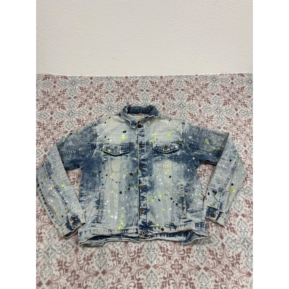 Evolution In Design Mens Acid Wash Paint Splatter Denim Trucker Jacket Blue M